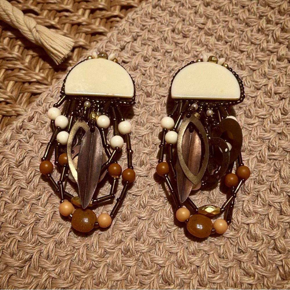 Vintage Chipita Bohemian Beaded Dangle Clip On Earrings